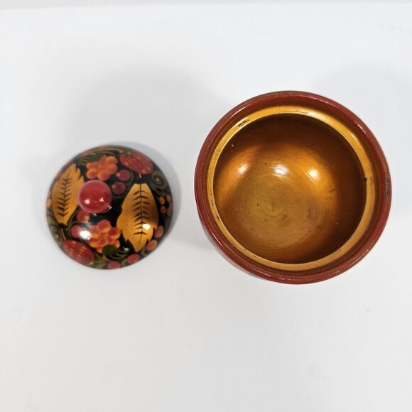 Russian Khokhloma Hand Painted Wooden Small Bowl with Lid, Black & Red Folk Art - Picture 6 of 9